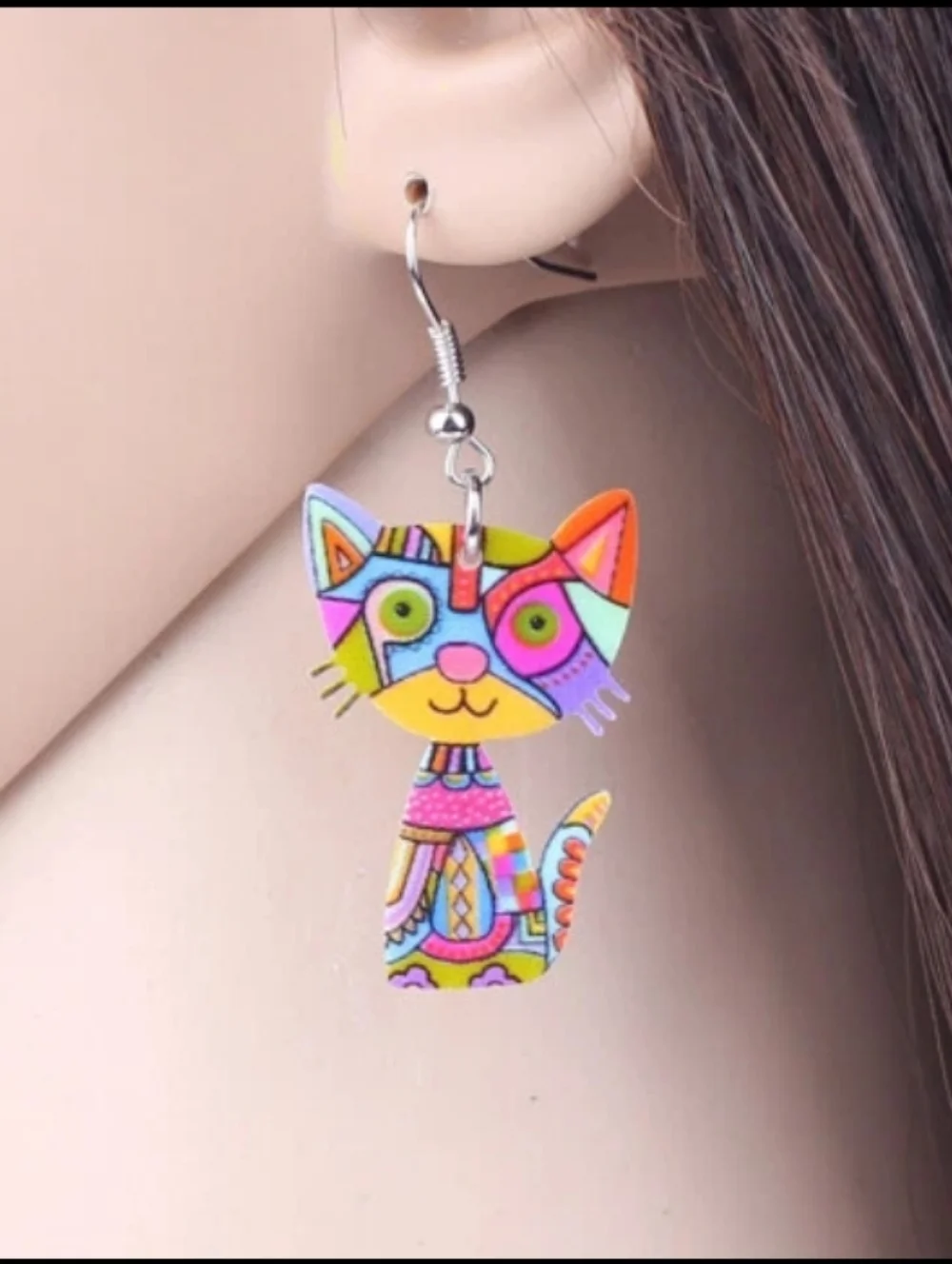 Whimsical Multicolor Cat Dangle Earrings - Picture 6 of 7